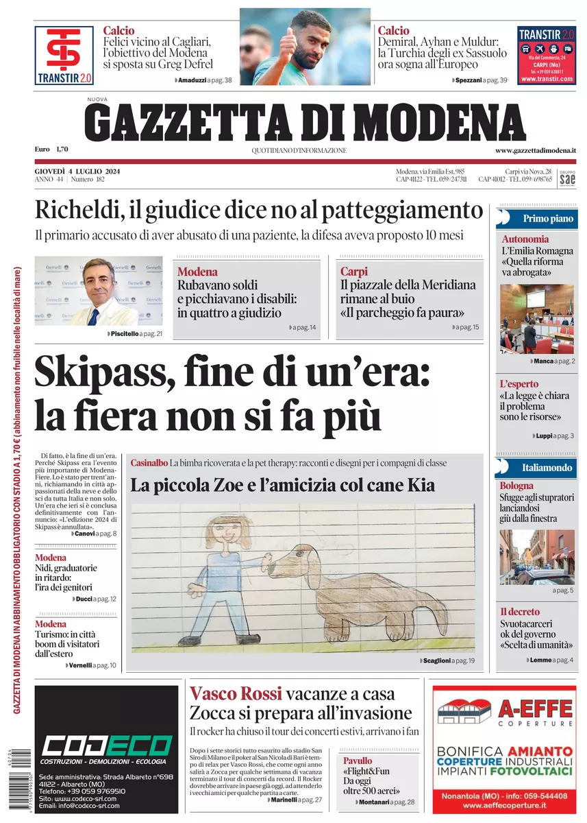 Prima-pagina-gazzetta di modena-oggi-edizione-del-2024-07-04